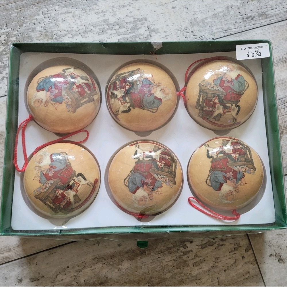 VTG Silk Tree Factory Santa's Workshop Decoupage Christmas Ornaments Set of 6 - Picture 1 of 7